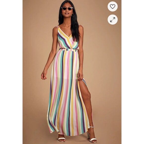 Lulus Lost In Paradise Striped Maxi Dress Women XL Colorful Beach Resortwear - Picture 2 of 8